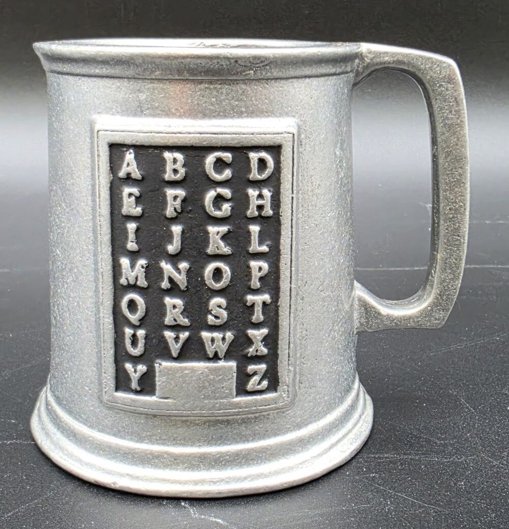 Vintage Solid Pewter Alphabet Cup Mug Heavy Metal ABC Hornbook Sampler Style